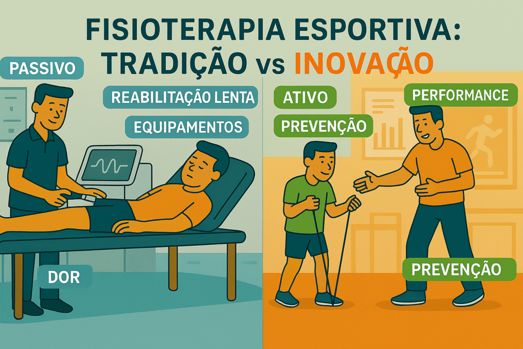 Comparação visual entre abordagem tradicional vs moderna na fisioterapia esportiva Evolução da fisioterapia e prática esportiva moderna para atletas